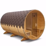 wellmia® Fasssauna Veranda Large - 360 cm - für 6 Personen - große Gartensauna mit Veranda Terrasse Vordach und Sitzen außen - Varianten möglich - Gartensauna Saunafass Außensauna Fass Sauna Fassauna