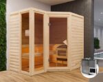 Karibu Innensauna Amara + 2 Fenster + Comfort-Ausstattung + 9kW Bio-Kombiofen + externe Steuerung - 38mm Blockbohlensauna - Ganzglastür bronziert - Ecksauna